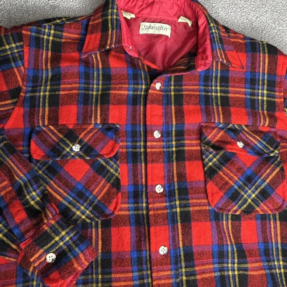 Vintage St. John's Bay Shirt Jacket Mens M Red Tartan Plaid Wool Lined CPO 90s